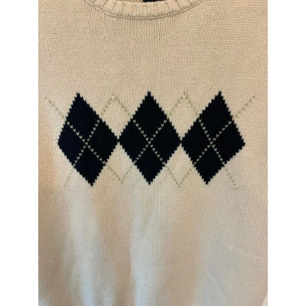 Charter Club Womens Small Cream Argyle Short Sleeve Cotton Knit Sweater Preppy